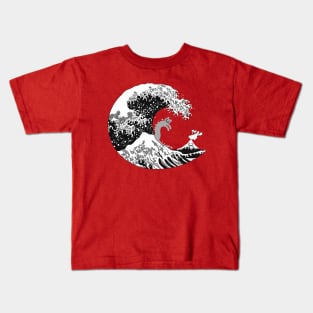 Kanagawa Black Wave with Surfing Cat Kids T-Shirt